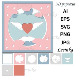 3d postcard heart with wings, svg papercut