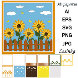 postcard template with sunflowers, paper clipping, svg