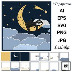 cute sloth character sleeps on the moon, papercut svg