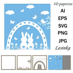 3d paper, hares under the rainbow, multi-layer illustration