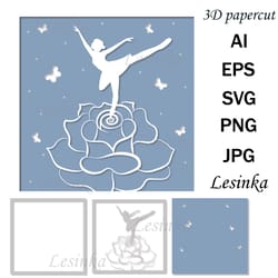 3d cut paper, ballerina on a rose, multi-layer illustration
