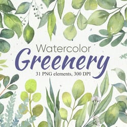 watercolor greenery clipart, watercolor leaf collection, green foliage set, digital, png, 300 dpi
