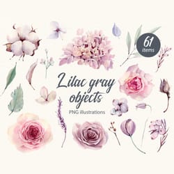 lilac gray objects watercolor illustrations