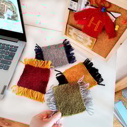 harry potter house colors hand knit coasters - set of 4 item knit coasters griffindor knit coasters graduations gift