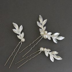 silver leaf hair pins set / bridal hair pins / floral wedding hair piece / boho hair pins / gold leaves headpiece