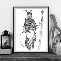 printable wall art: shaman costume peoples of siberia. view from the back. black and white pen graphics.