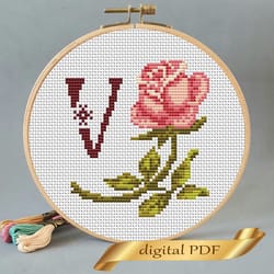 floral letter v pdf cross stitch flower monogram alphabet easy embroidery