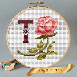 floral letter t pdf cross stitch flower monogram alphabet easy embroidery