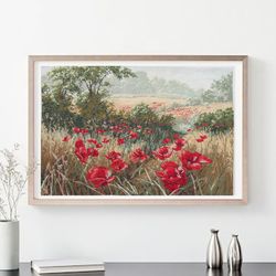 Red poppies Wall Art Decor, Finished Cross Stitch, Flower Embroidery Art Print, Floral Wall Art, Original Gifts, Handmad