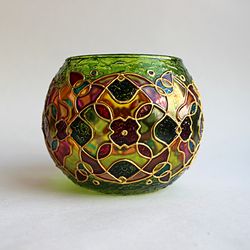 Soft Green Mosaic Kaleidoscope Hand-Painted Glass Candle Holder