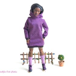 curvy barbie dress set fashion doll purple black hooded striped dress socks boots sport style sweatshirt hoodie