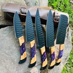 5 pc custom handmade forged black coated carbon steel chef knives set
