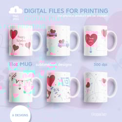 happy valentines bundle, 11 oz mug sublimation design with hearts, png jpeg digital download