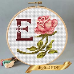 floral letter e pdf cross stitch flower monogram alphabet easy embroidery