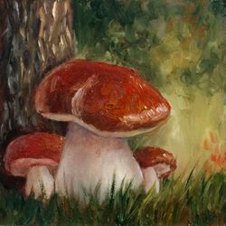 mushroom painting fungus original art country home decor boletus artwork farmhouse still life decor small oil painting