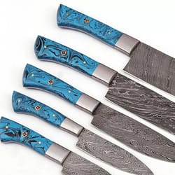 handmade damascus chef knife set of 5 pcs with leather sheath father's day gift groomsmen gift bbq