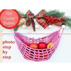 fruit hammock crochet pattern, easy crochet pattern for beginners, vegetable storage, garlic keeper, fruit basket