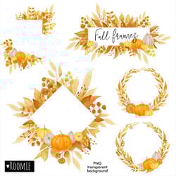 watercolor autumn wreaths with pumpkins png, fall leaf frame