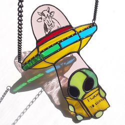 ufo stained glass, stained glass window hangings, ufo suncatcher, alien ornament, alien stained glass, christmas decor
