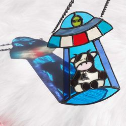 ufo stained glass, stained glass window hangings, ufo suncatcher, alien ornament, alien stained glass, halloween decor