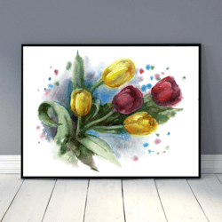 bouquet of tulips watercolor illustration. botanical wall art. digital download poster jpg files. diy print room decor