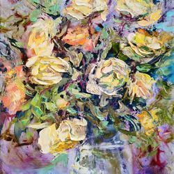 yellow roses flower bouquet oil painting impasto original artist svinar oksana