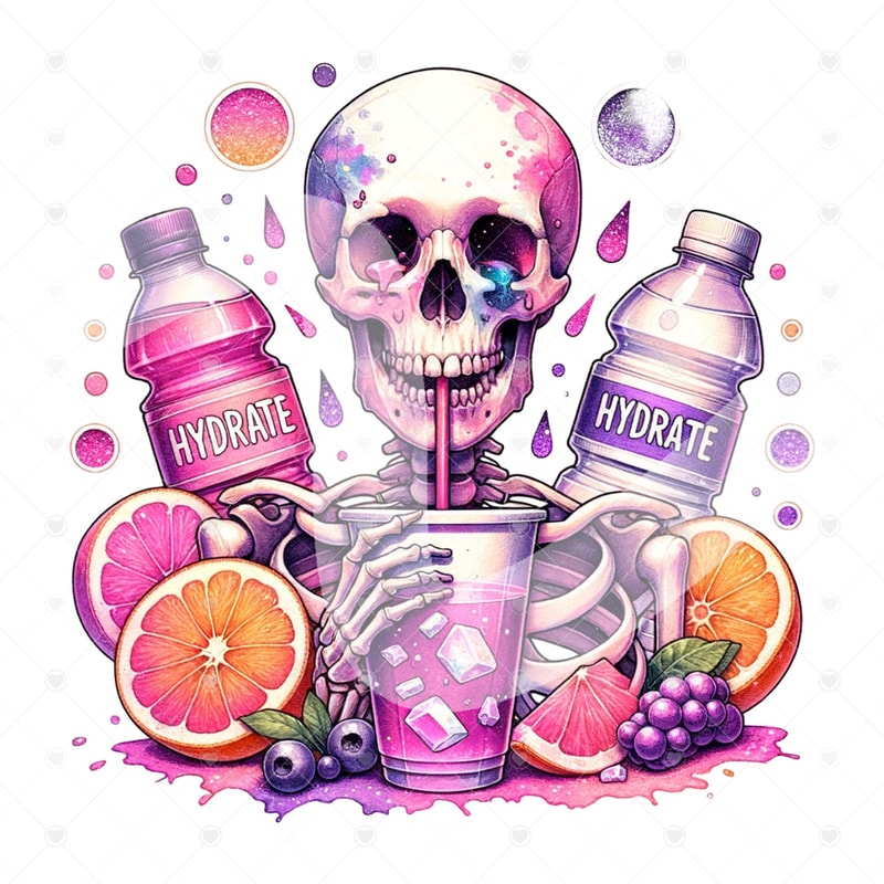 Summer Skeleton PNG, Hydrate Skeleton Clipart, Trendy Watertok Sublimation Design, Tropical Tshirt Design File, Water Glass Jar Wrap File.jpg