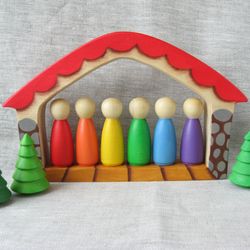 Rainbow wooden  Peg dolls in bright wooden  house,  toy for toddler, children's room decor