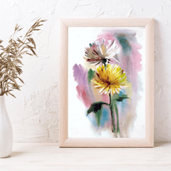 chrysanthemums watercolor illustration. botanical wall art. digital download poster jpg files. diy print room decor