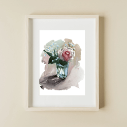 pink rose watercolor illustration. botanical wall art. digital download poster jpg files. diy print room decor