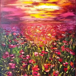 sunset oil painting art original impasto poppies flowers field svinar oksana