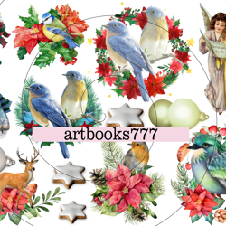 ephemera, winter, fussy clipping, angel, christmas, bird, christmas wreath, snowman, deer