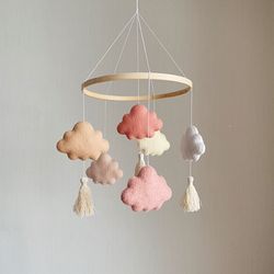 Boho baby mobile Six clouds and macrame brushes- gift for newborn- crib mobile