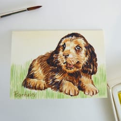 miniature funny puppy dog, animal doggy, aceo, watercolor original