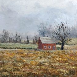old barn painting vermont landscape original art rustic oil painting terracotta green art farmhouse wall decor