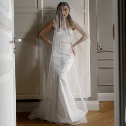 mermaid wedding dress made of satin. classic corset wedding gown with train. bridal dress for beach wedding tracy