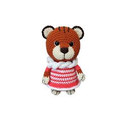 ginger brown crocheted teddy plush tiger in pink dress, interior toy