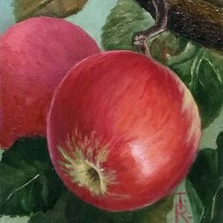apple painting oil original art country home decor small square artwork 8 x 8 apples painting