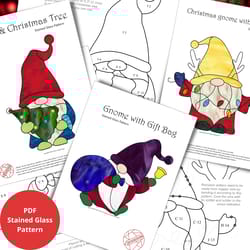 stained glass suncatchers patterns - christmas funny gnomes with a christmas tree, gift bag, garland - set of 3 pdf