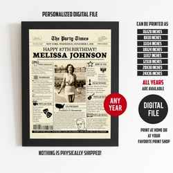 87th birthday, 87th birthday newspaper, 87th birthday gift for grandma, 87th birthday ideas, 87th vintage look newspaper