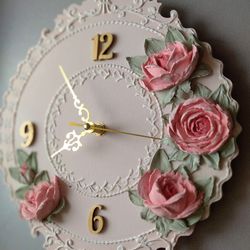 Nursery pink wall clock with 3D pink roses in shabby chic style Silent wall clock for bedroom and children's room Kids