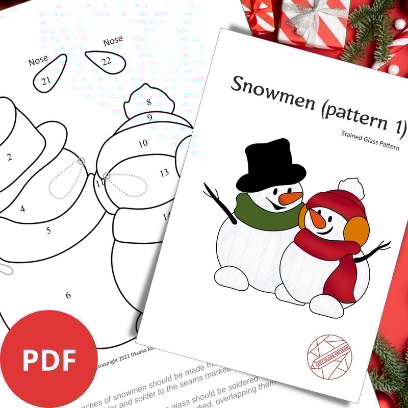 Stained-glass-pattern-Christmas-suncatcher-two-snowmen-in-an-embrace-download-pdf-snowman-in-hat-snowman-in-earmuffs