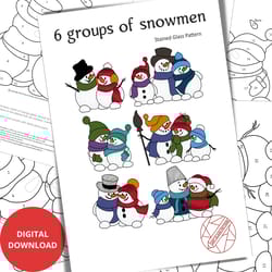 6 stained glass patterns - 6 groups of fanny snowmen - digital download pdf