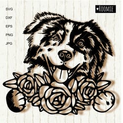 australian shepherd with flowers svg, aussie svg, peeking dog shirt design decal clipart vector cutfile cricut vinyl /45