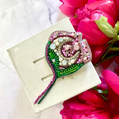 Moon Flower Beaded Brooch, Handmade Embroidered Accessory, Pin Blossom in Pink with Half-moon Crescent, Flower Brooch