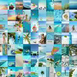 70 pcs beach aesthetic wall collage kit digital download | printable summer collage kit | blue photo wall collage set