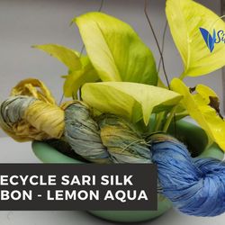 sari silk ribbon - lemon aqua - silk ribbon - recycled sari silk ribbon - sari silk ribbon yarn - gift ribbon