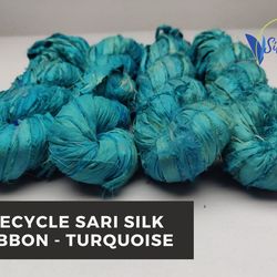 sari silk ribbon - torquoise - sari ribbon - recycled sari silk ribbon - silkrouteindia