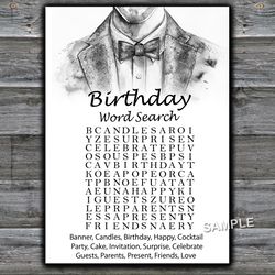 Bow Tie Birthday Word Search Game,Birthday Games for Him, Adult Birthday Games,Printable Birthday Games for Him