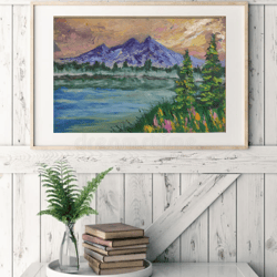 mountain landscape oil painting original painting calm lake